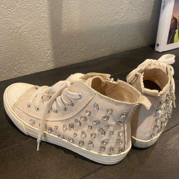 Zara Girls Hightop Lace-Up Side Zip Tennis Shoes w/Rhinestones Cream Color Cute! - Picture 13 of 14